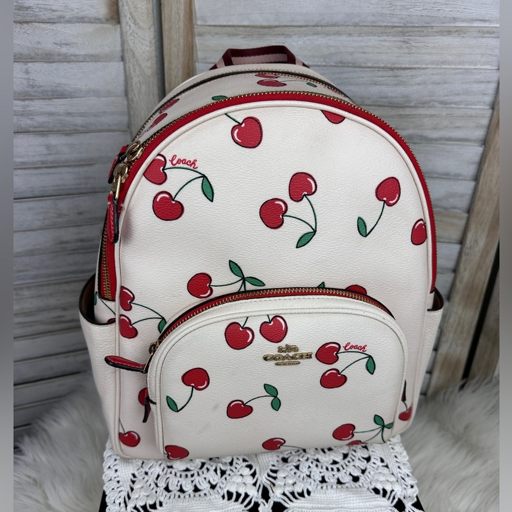 White Leather Coach Court Backpack Heart Cherry Print Limited Edition - Picture 2 of 13